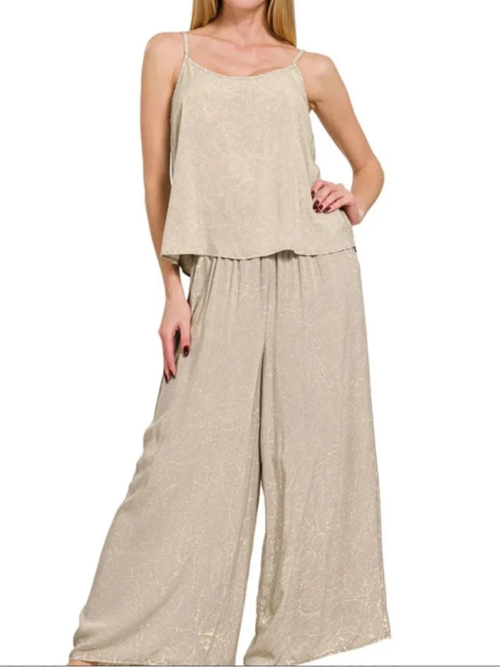 NWT Zenana Woven Acid Crinkle Washed Cami & Pants 2 Piece Set, Ash Mocha